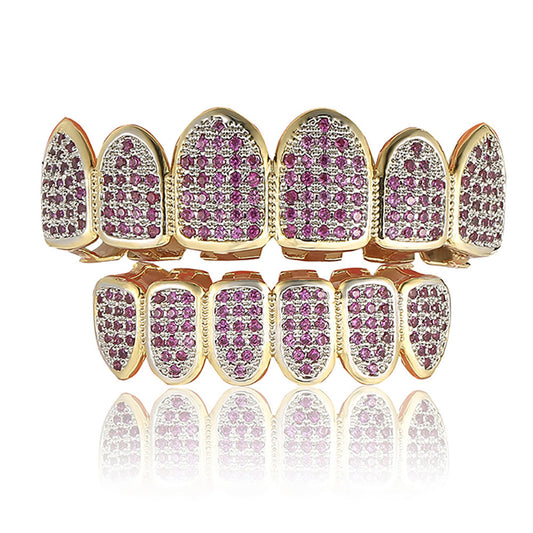 Vampire Hip Hop Tooth Socket Rose Red Micro Inlaid Zircon Gold Plated